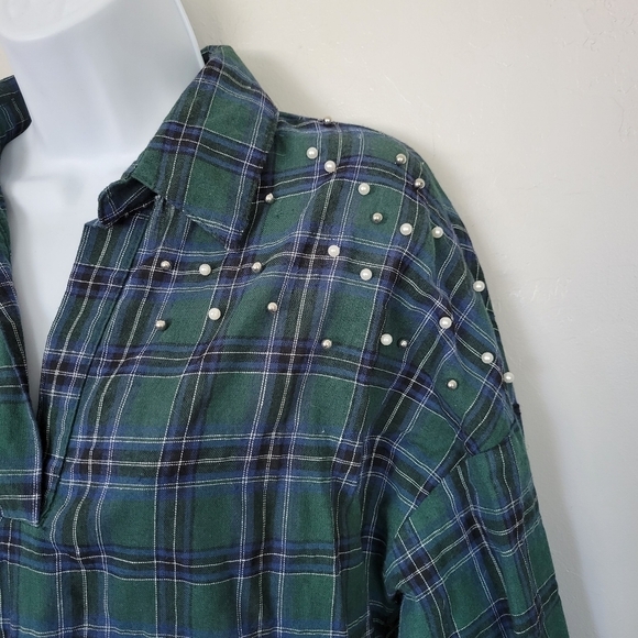 Kontrol Contemporary Small Green & Navy Plaid Long Sleeve Shirt Pearl Studs - Picture 3 of 9